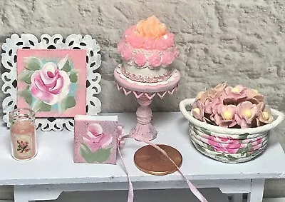 Miniature Dollhouse SHABBY CHIC LOT Cake & Stand-Basket-Journal-Candle-Picture • $34