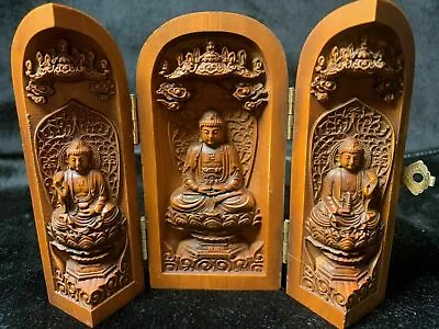 Vintage Japanese Netsuke Old Boxwood Carved Three Open Buddha Box Statue • £38.39