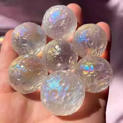 Aura Titanium Rainbow Full Moon Planet Carved Quartz Crystal Ball Crystal 4CM • $16.06