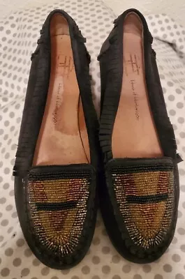 HOUSE OF HARLOW-1960 Millie-Black Boho Suede Beaded Moccasins-Size 39/8 • $7