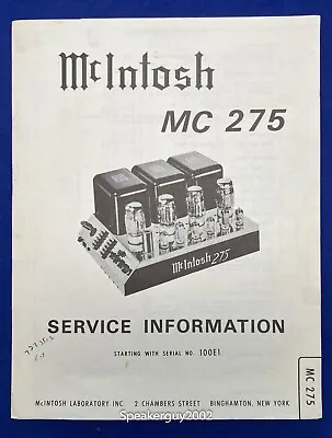 Original McIntosh MC275 / Service Information Manual -- #2 • $49.95