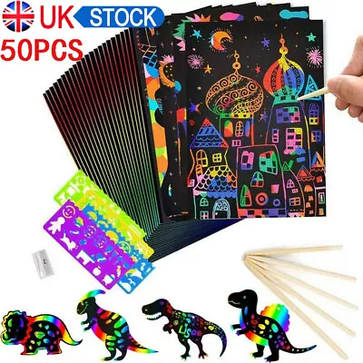 50 Sheets Scratch Art Paper Magic Rainbow Painting Doodle Boards 5 Wooden Stylus • £4.49