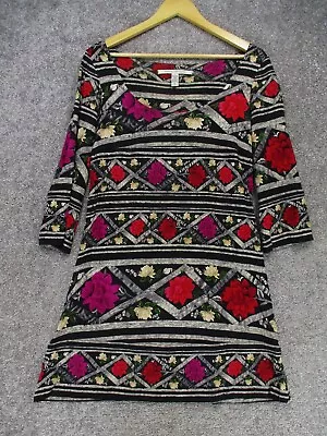 $29.99 • Buy Diane Von Furstenberg Rose Print Long Sleeve Shift Dress Womens 6 Black Silk