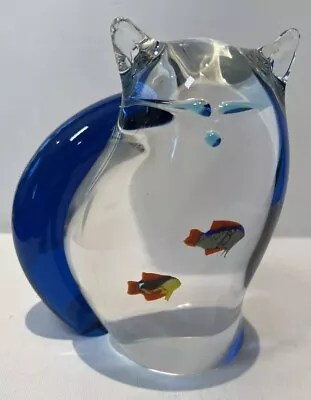 Art Glass Cat Figural Paperweight Statue Clear With Blue Tail &Fish Murano Style • $195