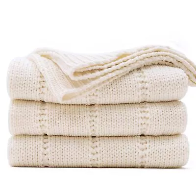 RECYCO Cable Knit Cream White Throw Blanket Twin Size For Couch Super Soft W... • £85.44