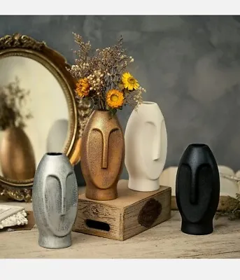 18.5cm Tall Gold Face Ceramic Vase Flowers Artificial Table Boho Home Decor • £9.99