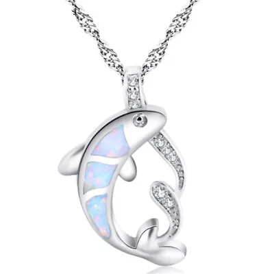 Fashion Silver Simulated Opal White Fish Pendant Necklace Engagement Jewelry • $0.38