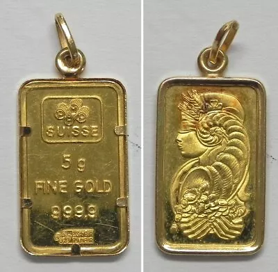 X4644  Suisse 5 Gram .9999 Fine Gold Bar In 21K Bezel Pendant • $525