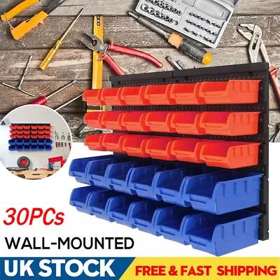 30 Pc Garage Storage Bin Wall Mounted Workshop Organiser Rack Diy Tool Boxes Uk • £17.90