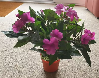 Artificial House Plant In Plant Pot 'Impatiens Hawkeri'  Purple Flowers 30 Cm H • £15