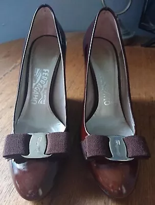 Salvatore Ferragamo Vara Brown Patent Leather Wedge Pumps Size 6.5 EU 37 As New  • $70