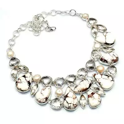 Wild Horse Jasper White Topaz Handmade Big Necklace Jewelry 88 Gms LV-1021 • $19.99