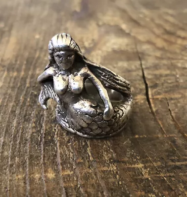 Vintage 70s Mermaid Sterling Ring Sz 6.5 HEAVY Biker   • $225