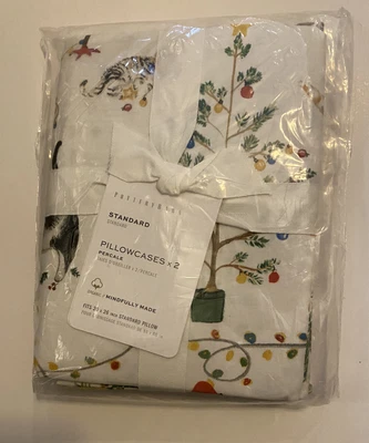 $40 • Buy Pottery Barn Organic Cotton Festive Cats Holiday Christmas Percale Pillowcases