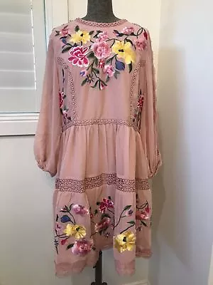 $85 • Buy ASOS Design Pink Embroidered Floral Lace Puff Sleeve Short Dress Plus Size UK 18