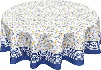 Tablecloth Round 60 Inch Spring Summer Vintage Blue Flower Yellow Floral • $32.99