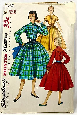 1955 Simplicity Sewing Pattern 1282 Womens Dress 2 Sleeves Size 16 Vintage 11505 • $30