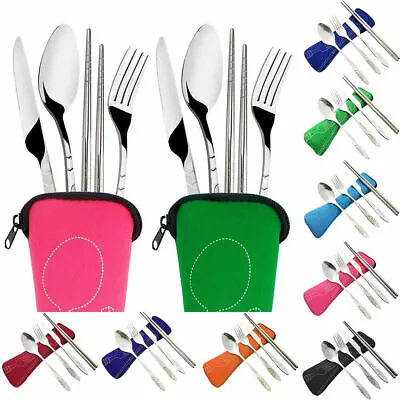 4Pcs Cutlery Travel Knife Fork Portable Bag Stainless Steel Spoon Chopstick Set • £5.55