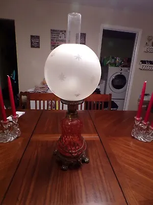 VTG Hedco Inc New York Parlor Style Table Lamb Cranberry Base And Star Globe  • $150