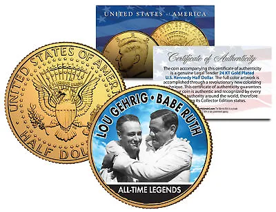 LOU GEHRIG & BABE RUTH Baseball Legends JFK Half Dollar 24K Gold Plated US Coin • $9.95