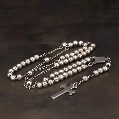 VTG Sterling Silver MEXICO TAXCO Ball Bead Cross Pendant 24  Rosary Necklace 37g • $24.50