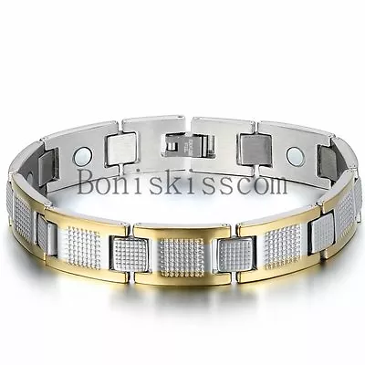 Silver Gold Two Tone Stainless Steel Link Men's Golf Therapy Magnetic Bracelet • $9.99