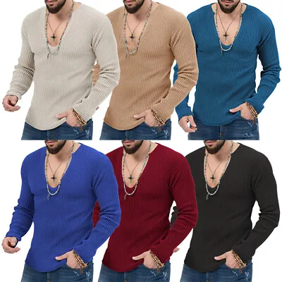 Knitted T-Shirts Pullover Sweater Long Sleeve V Neck Slim Fit Tops Vintage Solid • $19.99