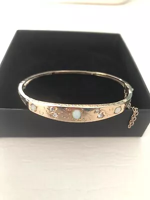 Beautiful Antique 9ct Rose Gold Opal & Diamond Bangle Bracelet 7.5g • £395