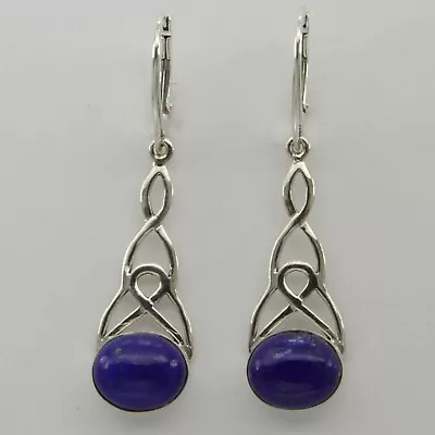 Natural Blue Oval LAPIS LAZULI Celtic Earrings 925 STERLING SILVER Leverback #3e • $29.97