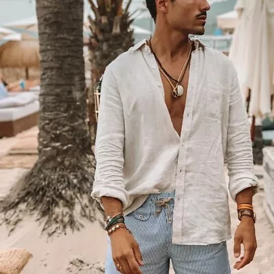 Mens Cotton Linen Shirt Summer Vocation Holiday T-Shirts Casual Wear Blouse Tops • $17.09