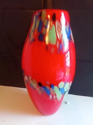 Murano Vase Hand Blown Glass Red Vintage Studio Art Confetti Gold Flakes • $31.99