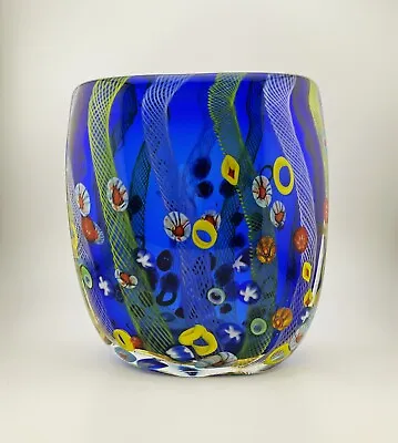 New In Box Millefiori Cobalt Blue Pulled Feather Sea Heavy Art Glass Vase 7” • $89