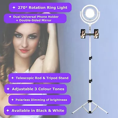 NEWAVE Polarless Dimmable Rotatable 12'' LED Ring Light Dual Mirror Tripod Stand • $51.99