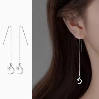 925 Silver Crescent Moon Star CZ Ear Thread Through Threader Pull Earrings PE2 • $7.95