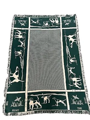 Manual Woodworkers And Weavers 1989 Hunting Dog Fringed Blanket Green Reversible • $26