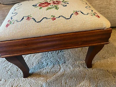 Vintage Handmade Finished  Needlepoint Wood Frame Footstool Bench Stool 14 X10  • $159