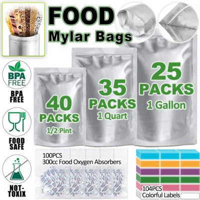 $16.86 • Buy 100x Mylar Bags Resealable Food Storage Oxygen Absorbers Labels 10 Mil 1 Gallon