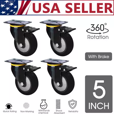 4 Pack 5  Caster Heavy Duty Swivel Plate Casters Polyurethane Wheels With Brake • $38.29