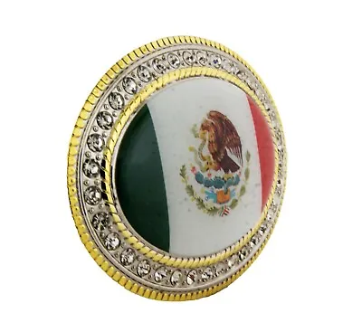 Mexico Country Flag Belt Buckle Western Rodeo Vaquero Rhinestones Gold Vintage  • $14.92