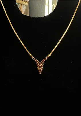 Vintage 18K Gold Plated Bohemian Garnet Paste Box Chain Necklace 16” • $79.99