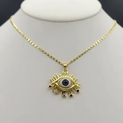 $13.49 • Buy 14K Gold Plated Blue Evil Eye Pendant Multicolor Crystals Charm Necklace