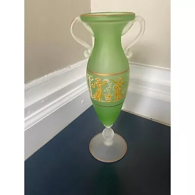 Vintage Frosted Glass Uranium Glass-Like Painted Grecian Green Vase • $30