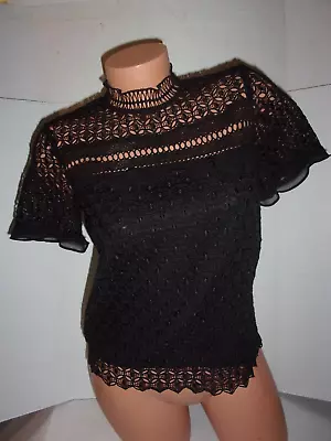 Zara Embroidered Black Lace High Neck Chiffon Ruffle Top XS • $9