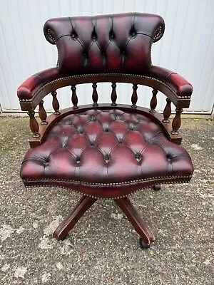 Red Oxblood Leather Chesterfield Captains Swivel Chair - No Height Adjustment • £185