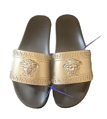 Men's Versace Gomma Medusa Pool Slide Sandals In Gold (10.5) & Blue (12) • $179.87