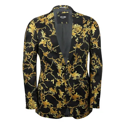 Mens Black Gold Floral Brocade Print Fitted Blazer Italian Designer Suit Jacket • £119.99