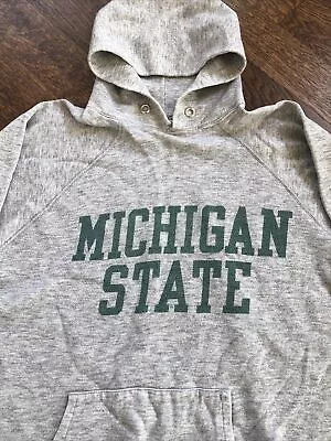 Vintage 80's Champion Michigan State Hooded Sweatshirt Large Heather Grey Hoodie • $48