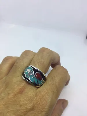 Vintage Silver White Bronze Men's Black Hawk Turquoise Inlay Ring Size 8 • $44