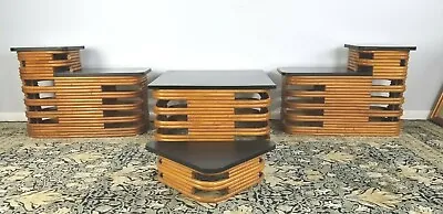 4 Piece Art Deco Paul Frankl End Tables Rare Black Lacquer Top Bamboo 1940's • $3200