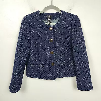 J Crew Lady Jacket Womens 6 Navy Blue Tweed Knit Button Front Boxy Fit Preppy • $29